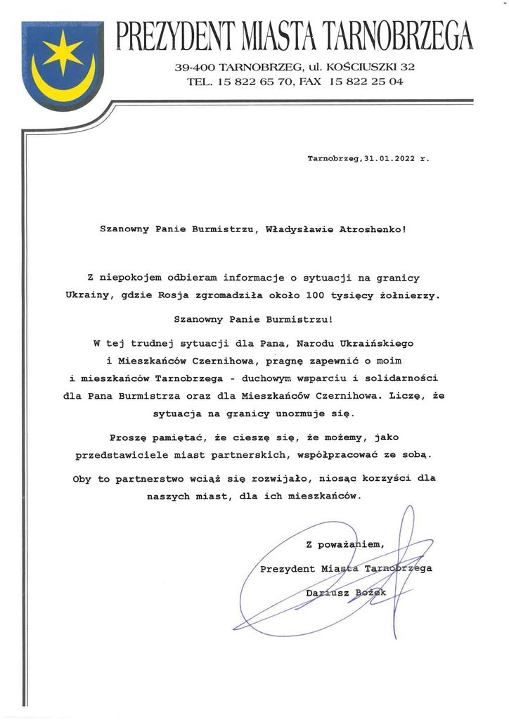 Президент польського Тарнобжега надіслав чернігівцям листа на знак духовної підтримки та солідарності