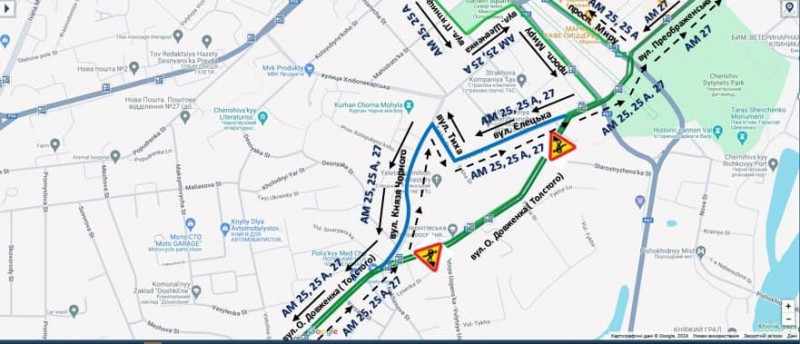 У Чернігові тимчасово зміниться рух автобусних маршрутів 25/25А та 27 (схема руху)