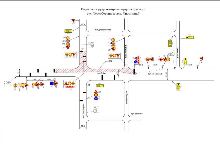 З 21 червня на кілька днів перекриють рух на ділянках вулиць Тероборони та Спортивна
