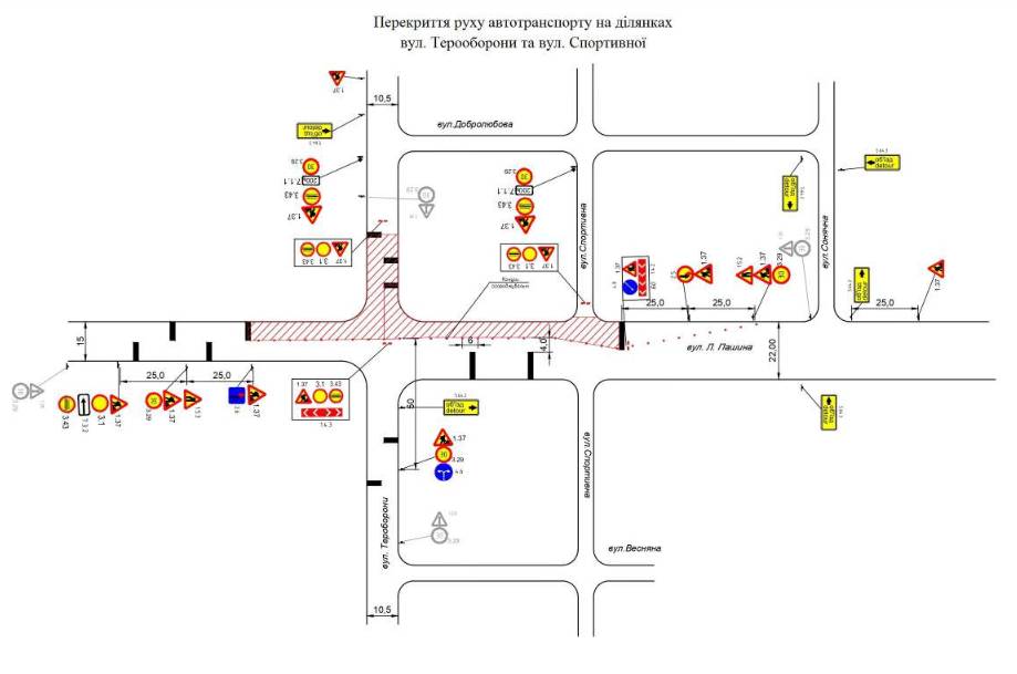 З 21 червня на кілька днів перекриють рух на ділянках вулиць Тероборони та Спортивна