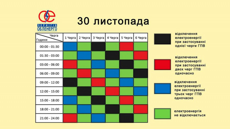 Графіки погодинних відключень електроенергії на Чернігівщині: які черги планують вимикати 30 листопада