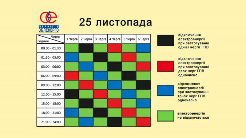 Графіки погодинних відключень електроенергії на Чернігівщині: які черги планують вимикати 25 листопада