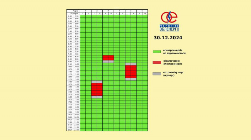 Графіки погодинних відключень на Чернігівщині на 30 грудня