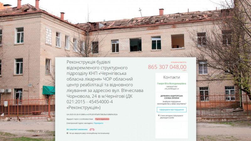 Тендер на реконструкцію будівлі обласного центру реабілітації у Чернігові за понад 865 млн грн скасували: в чому причина
