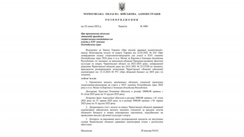 Двом біатлоністкам з Чернігівщини Христині Дмитренко та Ірині Петренко призначили обласні стипендії на 1 рік