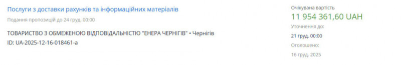 Квитанції майже на 12 мільйонів гривень: ТОВ «Енера Чернігів» оголосило тендер на доставку рахунків