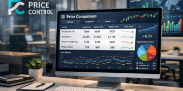 Современный интерфейс мониторинга цен в интернет-магазине с графиками динамики стоимости товаров и аналитической панелью сервиса Price Control на экране компьютера.