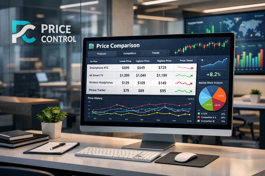 Современный интерфейс мониторинга цен в интернет-магазине с графиками динамики стоимости товаров и аналитической панелью сервиса Price Control на экране компьютера.